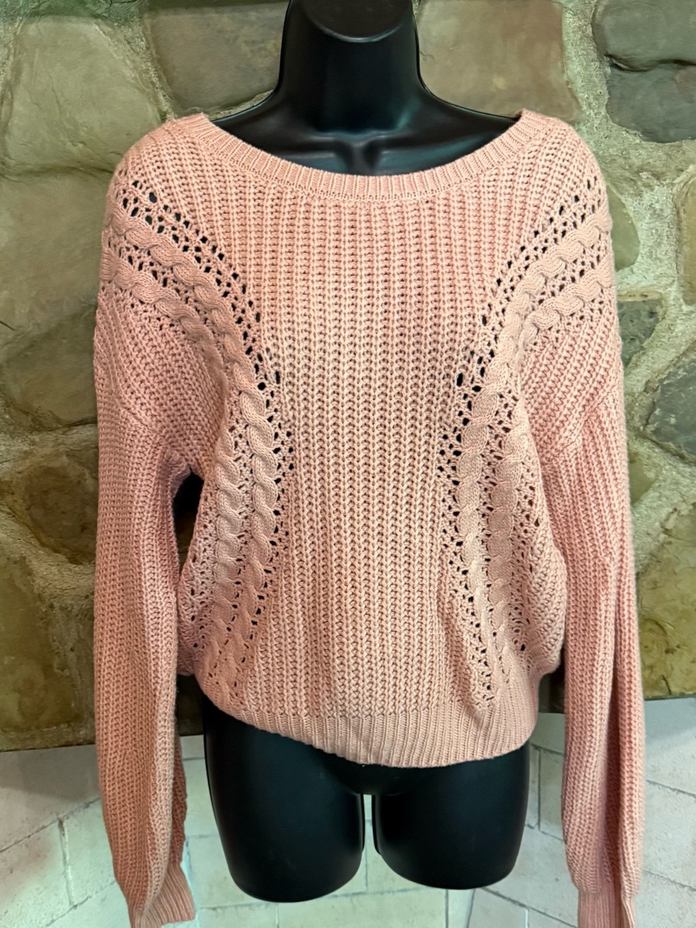 Pink Cable Knit Sweater Open Back Strapy O Ring Slouchy Chunky Pullover Large